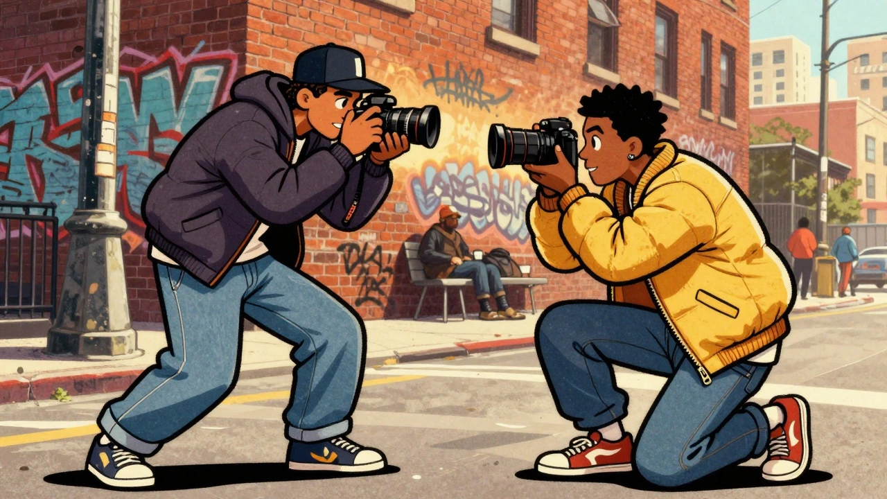 Vintage cartoon of a hip-hop photographer shooting an artist on NYC streets.