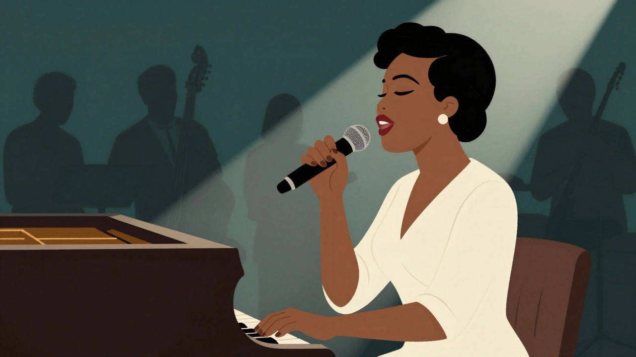 Vintage cartoon of a soul singer playing piano in an intimate jazz club