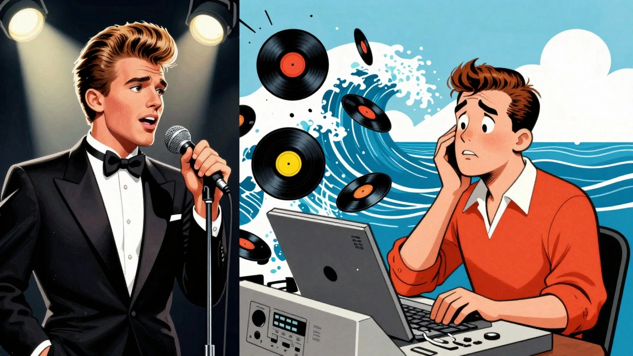 Vintage cartoon of British band invading US radio via MTV visuals