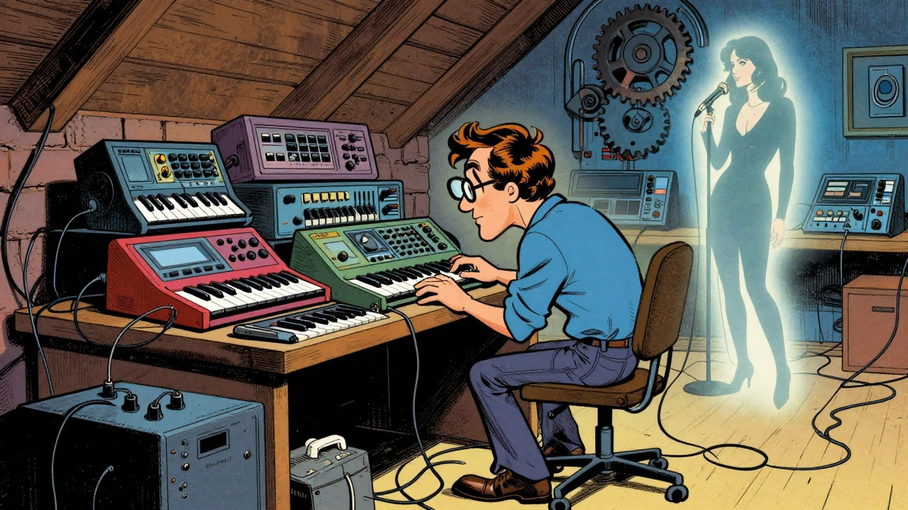 Vintage cartoon of Dave Stewart playing synthesizers in a studio
