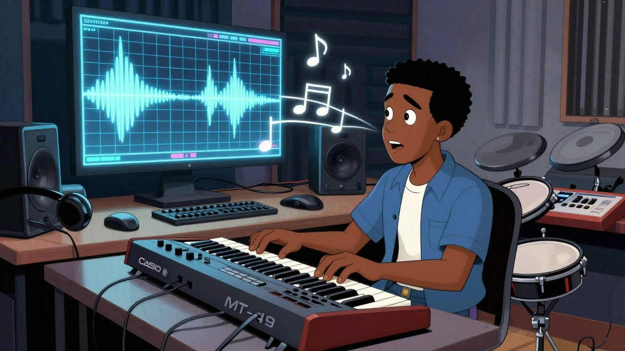 Vintage cartoon of King Jammy using a Casio keyboard to create digital dancehall beats.