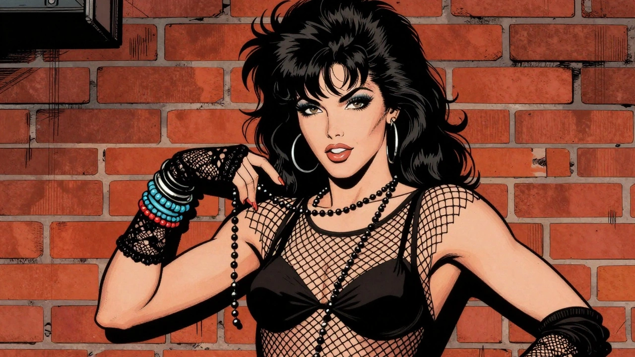 Vintage cartoon of Madonna wearing fingerless lace gloves and layers