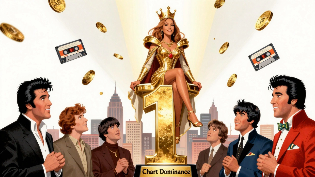 Vintage cartoon of Mariah Carey sitting on a giant number one trophy