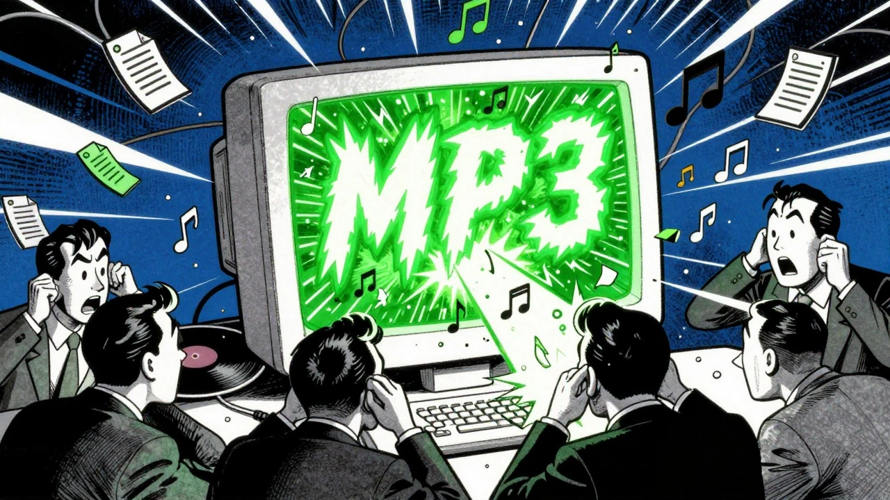 Vintage cartoon of MP3 files bursting from computer, shocking executives.