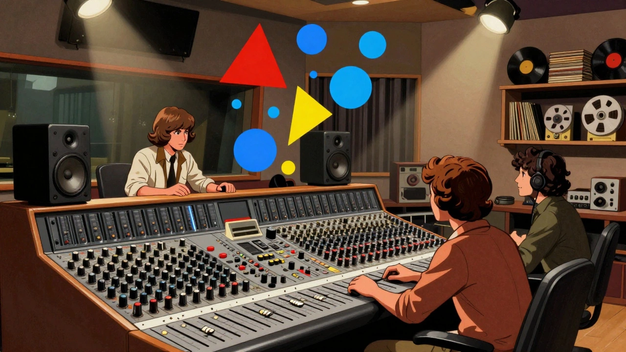 Vintage cartoon of music studio with colorful shapes representing sound