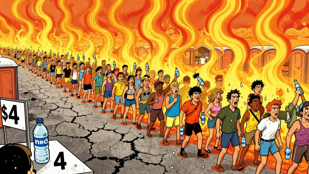 Vintage cartoon of overheated festival crowd waiting for water