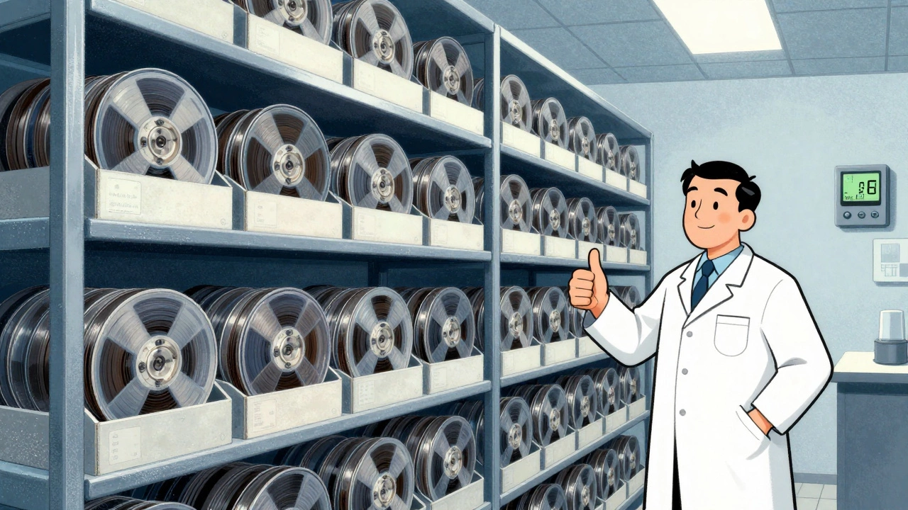 Vintage cartoon of properly stored vertical tape reels