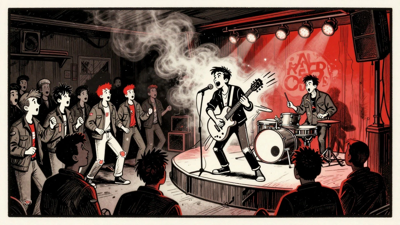 Vintage cartoon of Ramones performing at gritty CBGB club