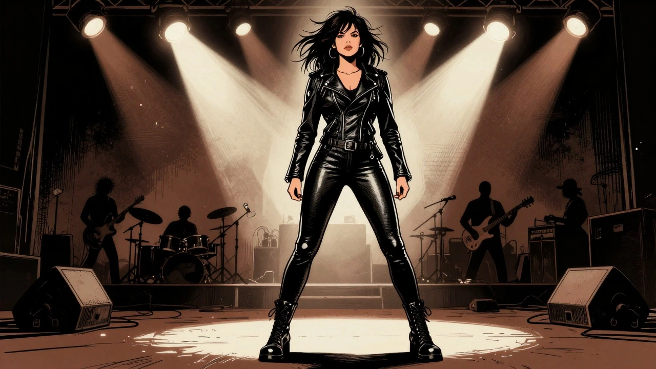 Vintage cartoon of rock singer in leather jacket and boots