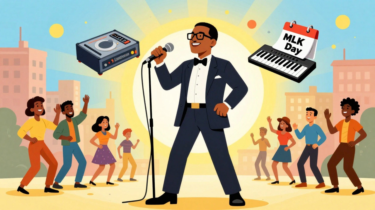 Vintage cartoon of Stevie Wonder mixing music and social activism