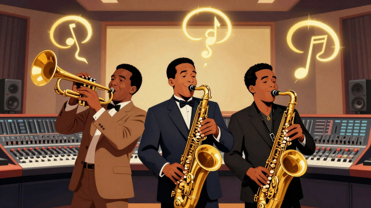 Vintage cartoon of the horn section playing bright, melodic hooks in a studio setting.