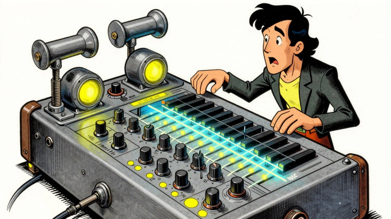 Vintage cartoon of the unique SynthAxe instrument with glowing controls.