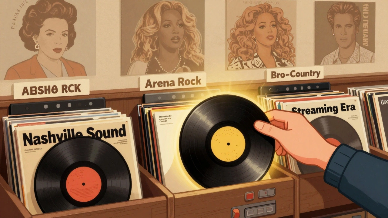 Vintage cartoon of vinyl records representing different country pop eras