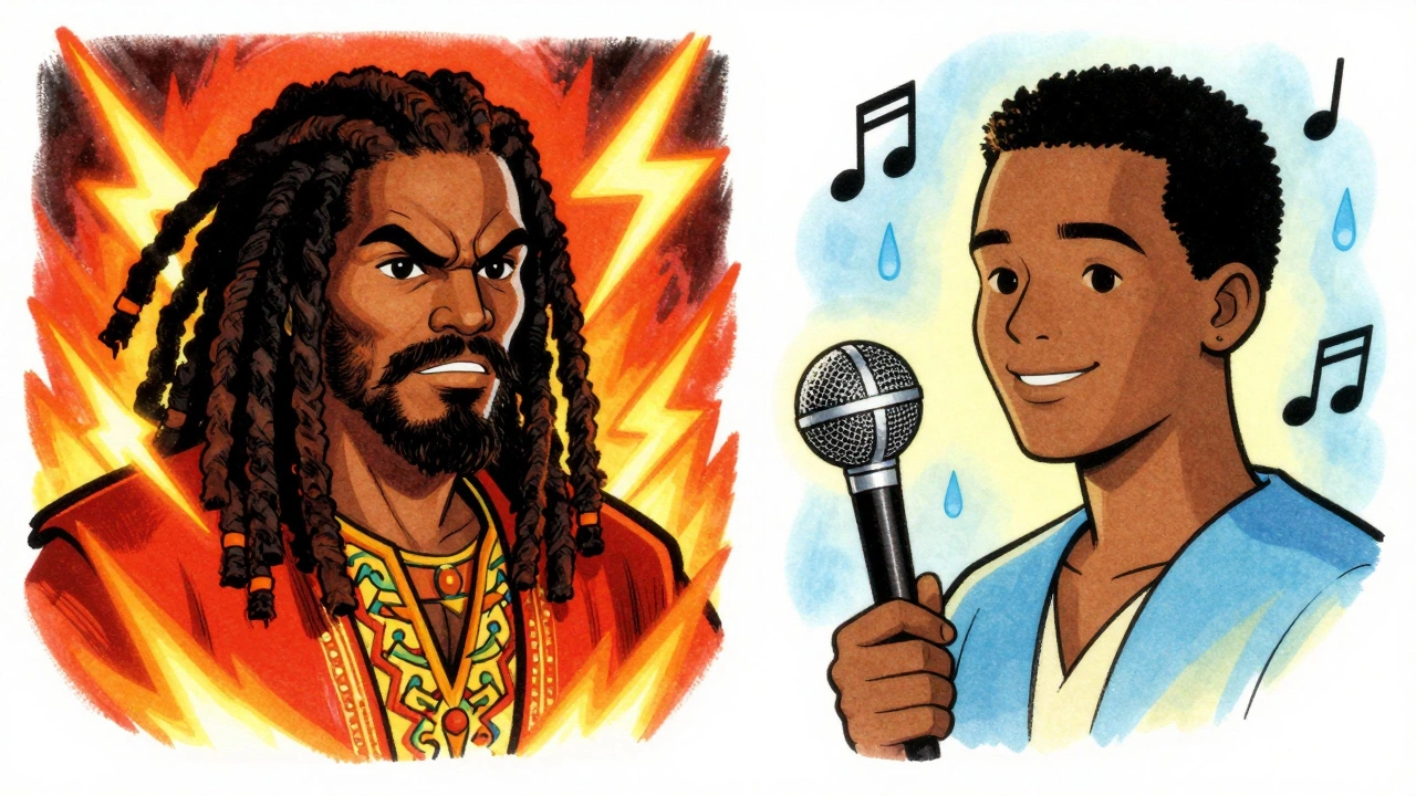 Vintage cartoon portraits of a fierce militant artist and a gentle peaceful singer.
