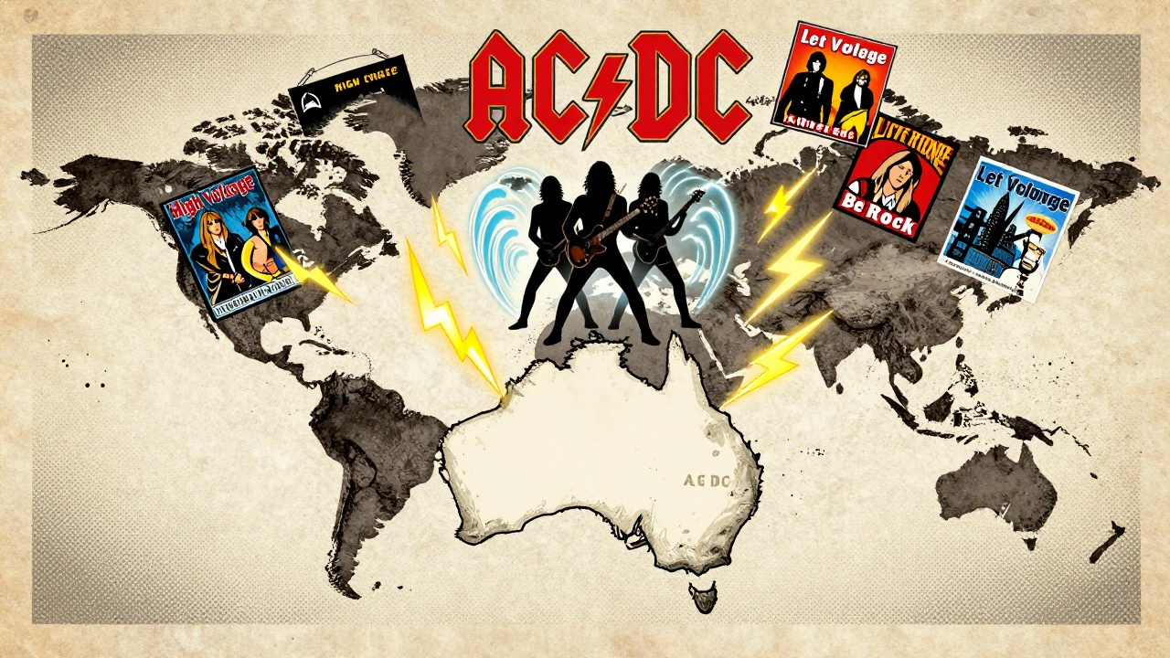 Vintage cartoon showing AC/DC's global musical influence