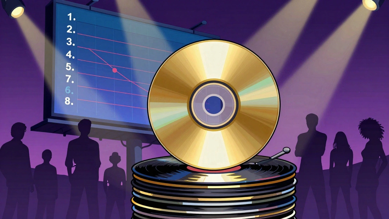 Vintage cartoon showing CDs, vinyl stacks, and rising chart success