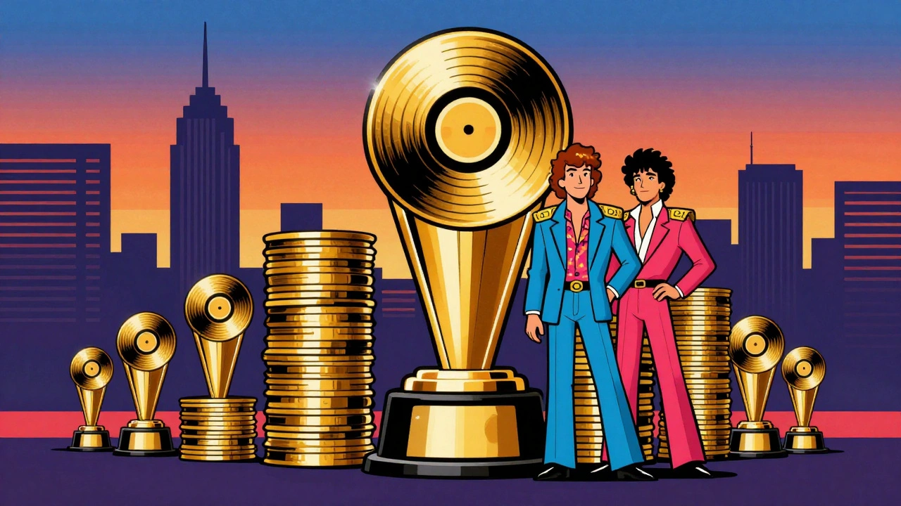 Vintage cartoon showing Hall &amp; Oates with gold records and trophies