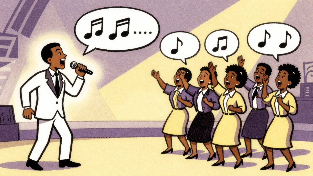 Vintage cartoon showing lead singer and backup singers in call-and-response