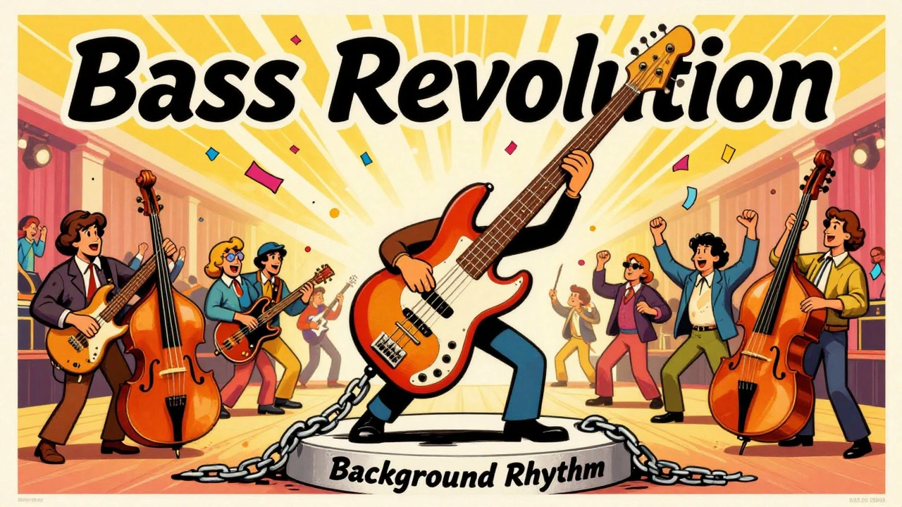Vintage illustration of a giant bass breaking chains, symbolizing musical revolution.