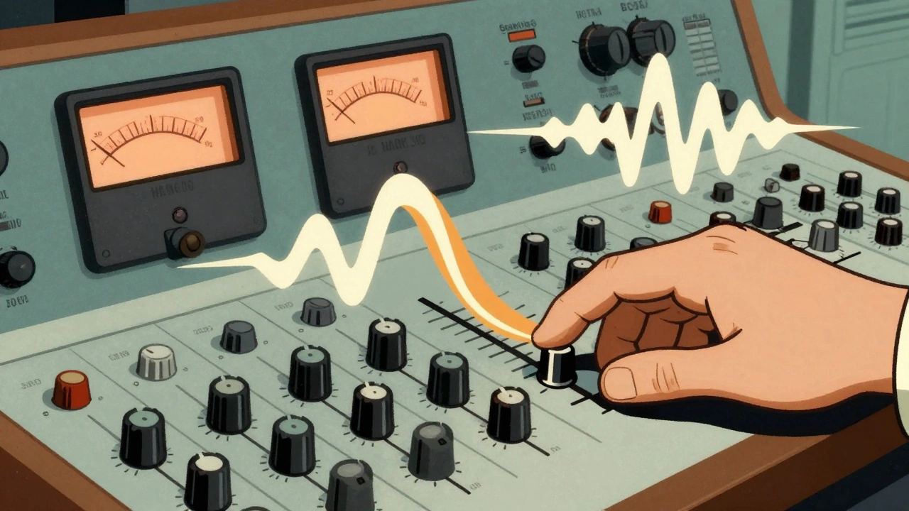 Vintage illustration of audio console knobs merging sound waves