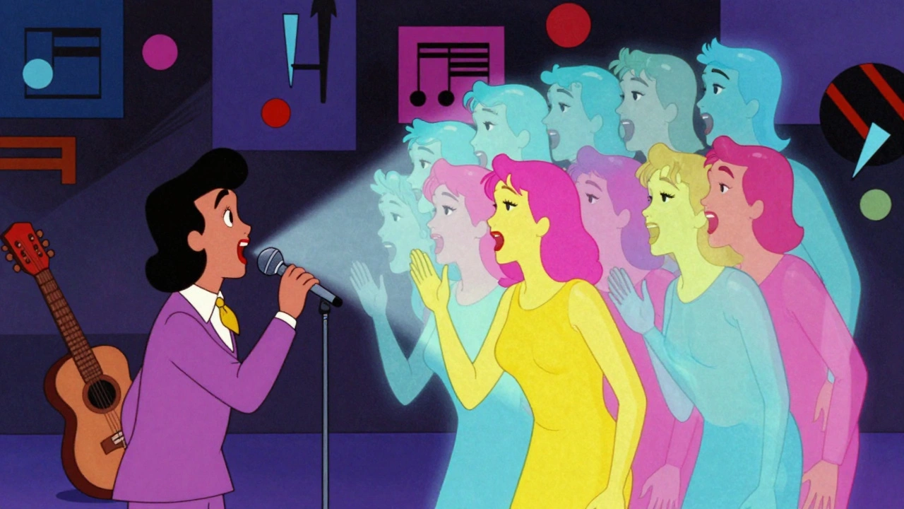 Vintage illustration of stacked vocal layers and mixed genres
