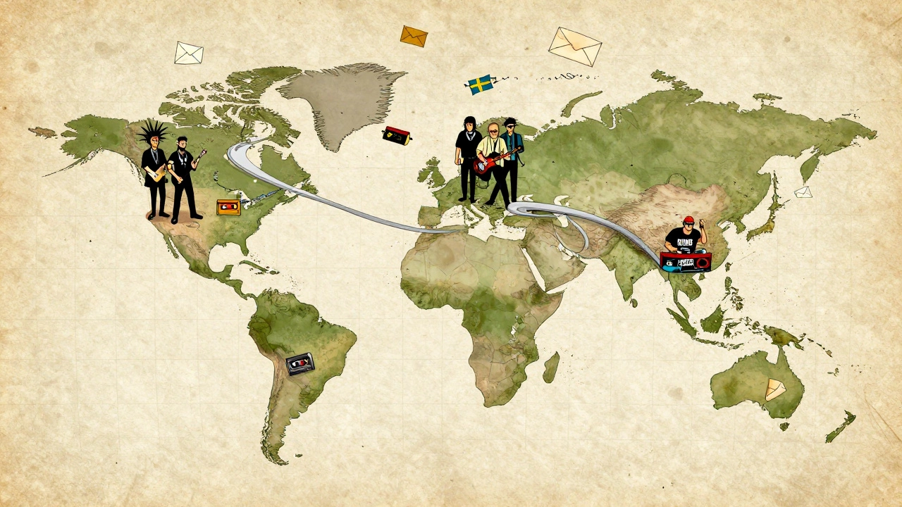 World map connected by magnetic tape streams linking global punk and metal scenes.