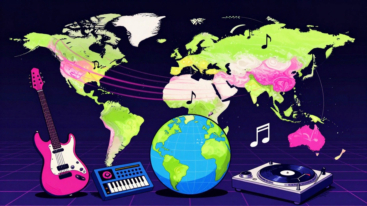 World map connected by musical notes representing global culture.