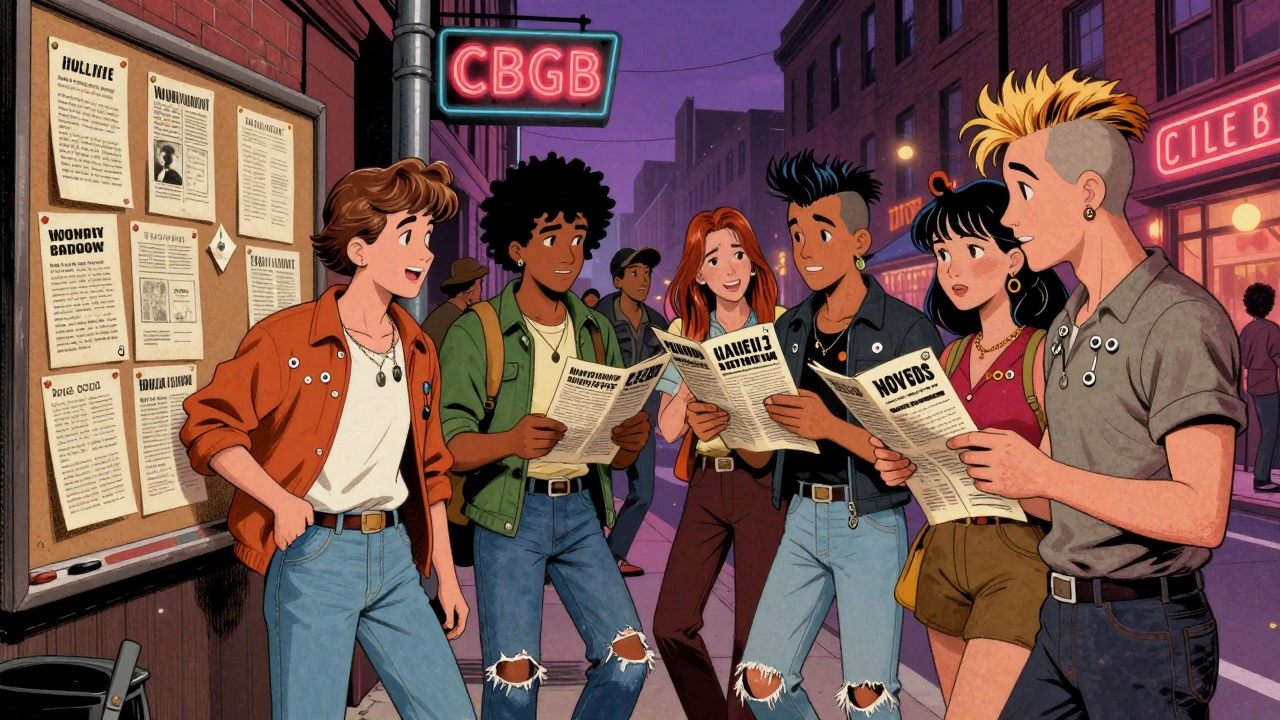 Youths in 1970s punk attire reading handmade zines on a city street near a dive bar.