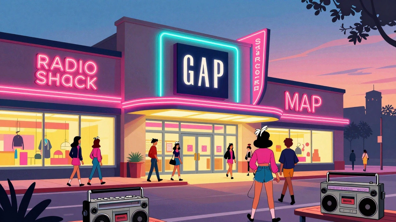 1980s mall exterior with neon signs and teens in vintage cartoon art