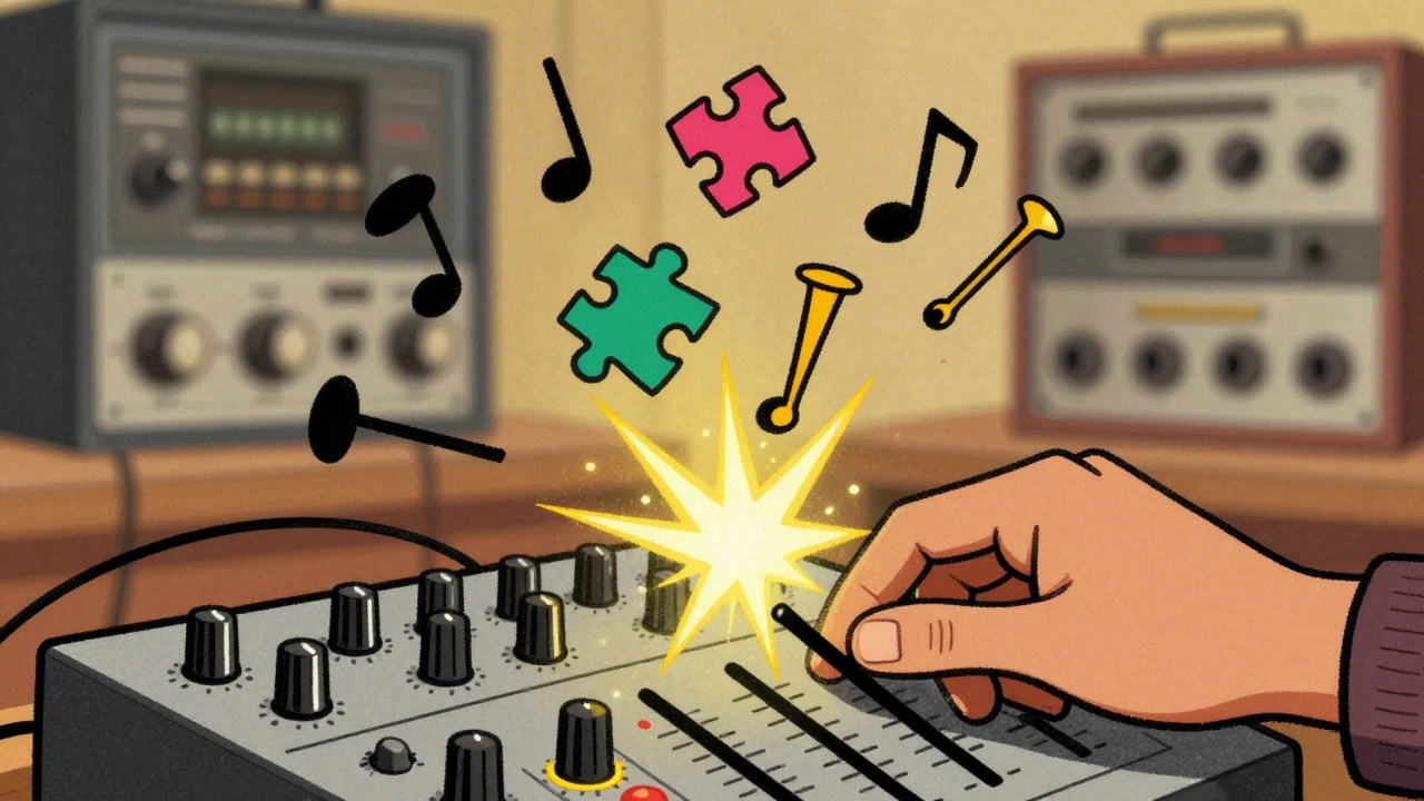 Abstract illustration of sampling sound fragments into beats