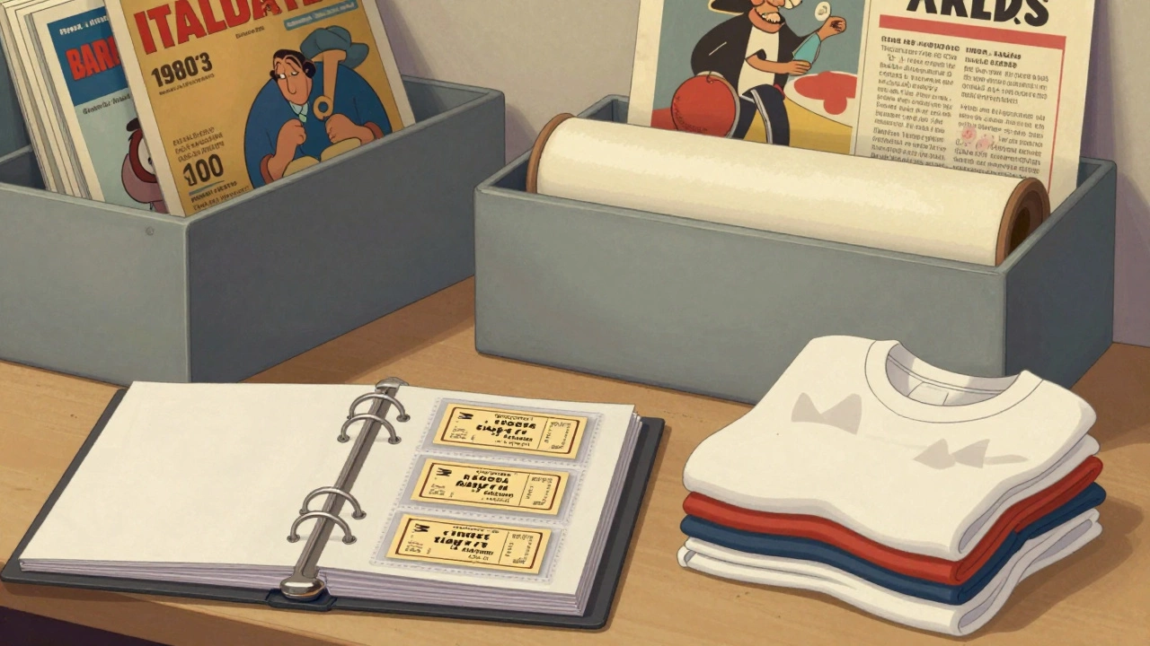 Archival storage for tickets, shirts, and posters in binders