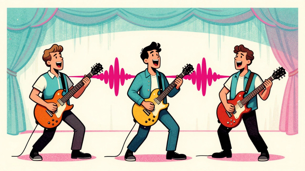 Band members panned hard left, center, and right