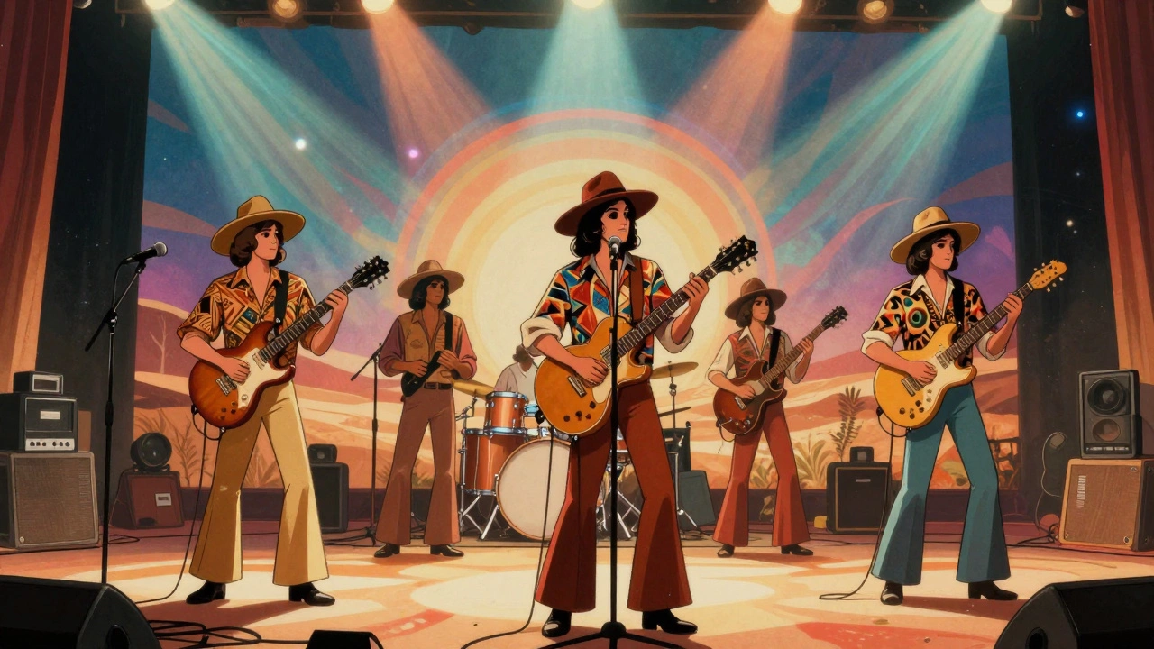 Band performing with 70s fashion and psychedelic lights