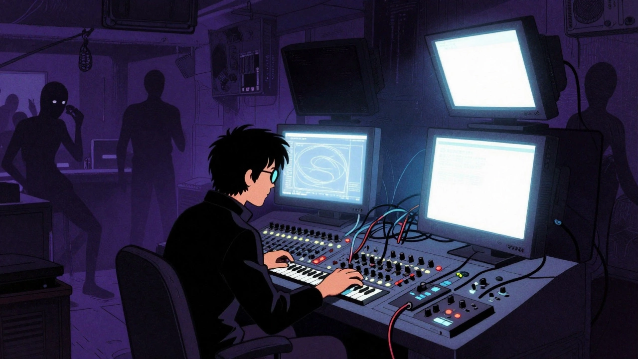 Brooding musician at a synth desk in a dark, moody room
