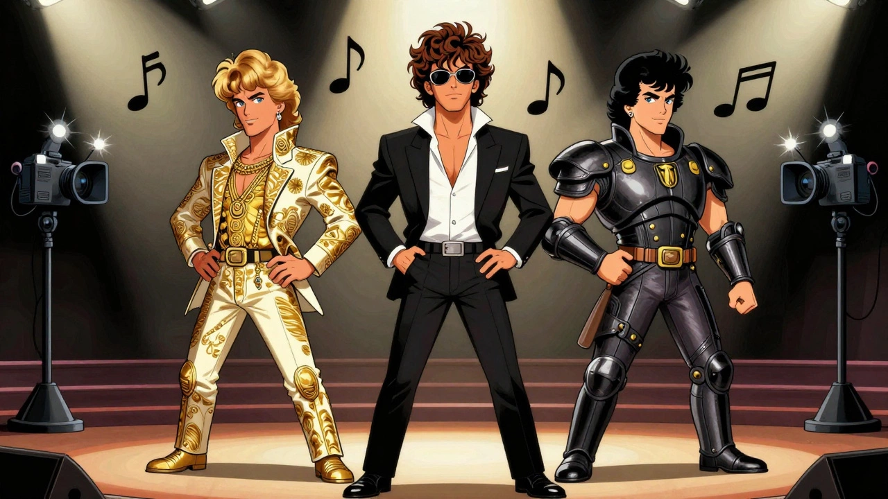 Cartoon caricatures of three famous 80s fashion designers