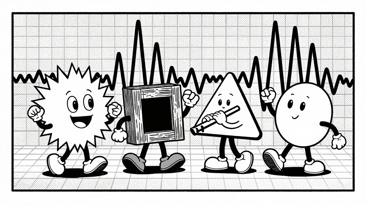 Cartoon characters representing saw, square, triangle, sine waves