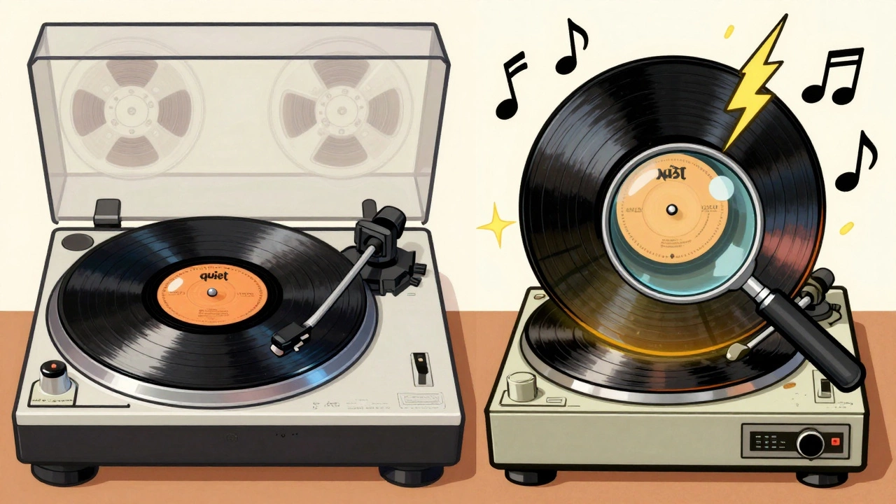 Cartoon comparison of Japanese vs US vinyl pressings with sound waves