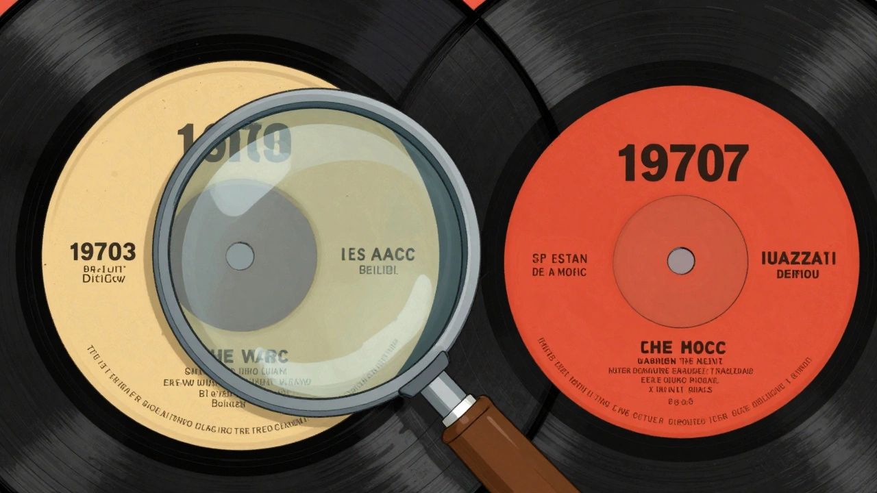 Cartoon comparison of original vs reissue vinyl records with magnifying glass