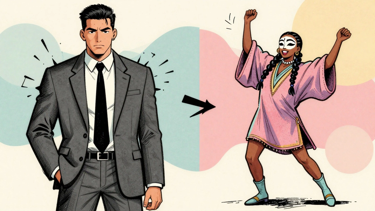 Cartoon contrasting rigid masculinity with androgynous freedom