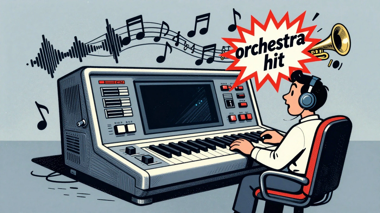 Cartoon depiction of a Fairlight CMI sampler creating orchestra hits