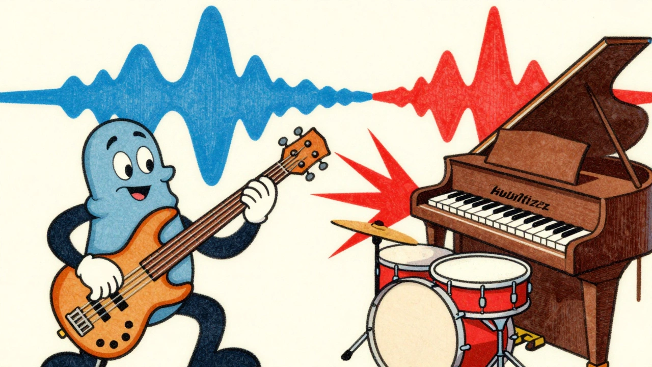 Cartoon depiction of smooth Rhodes waves and gritty Wurlitzer waves hitting drums