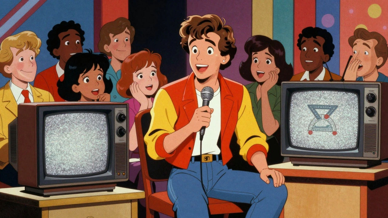 Cartoon illustration of Boy George on a 1980s TV talk show