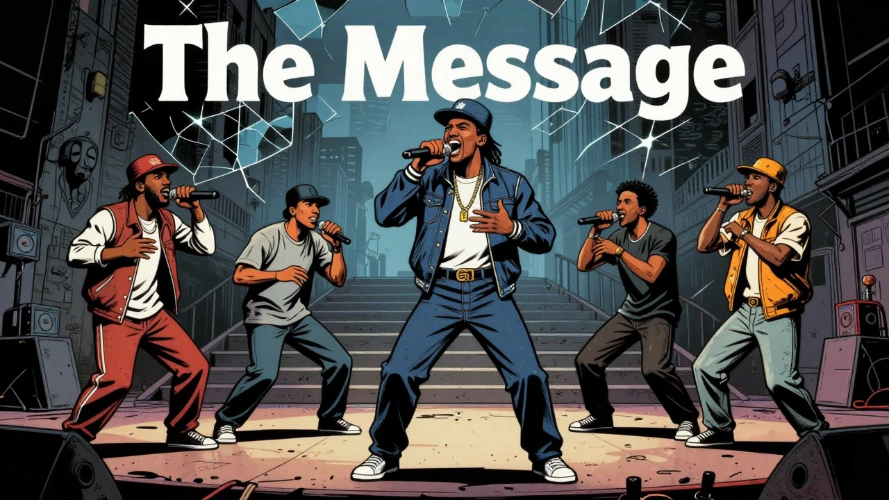 Cartoon illustration of Melle Mel rapping socially conscious lyrics on stage