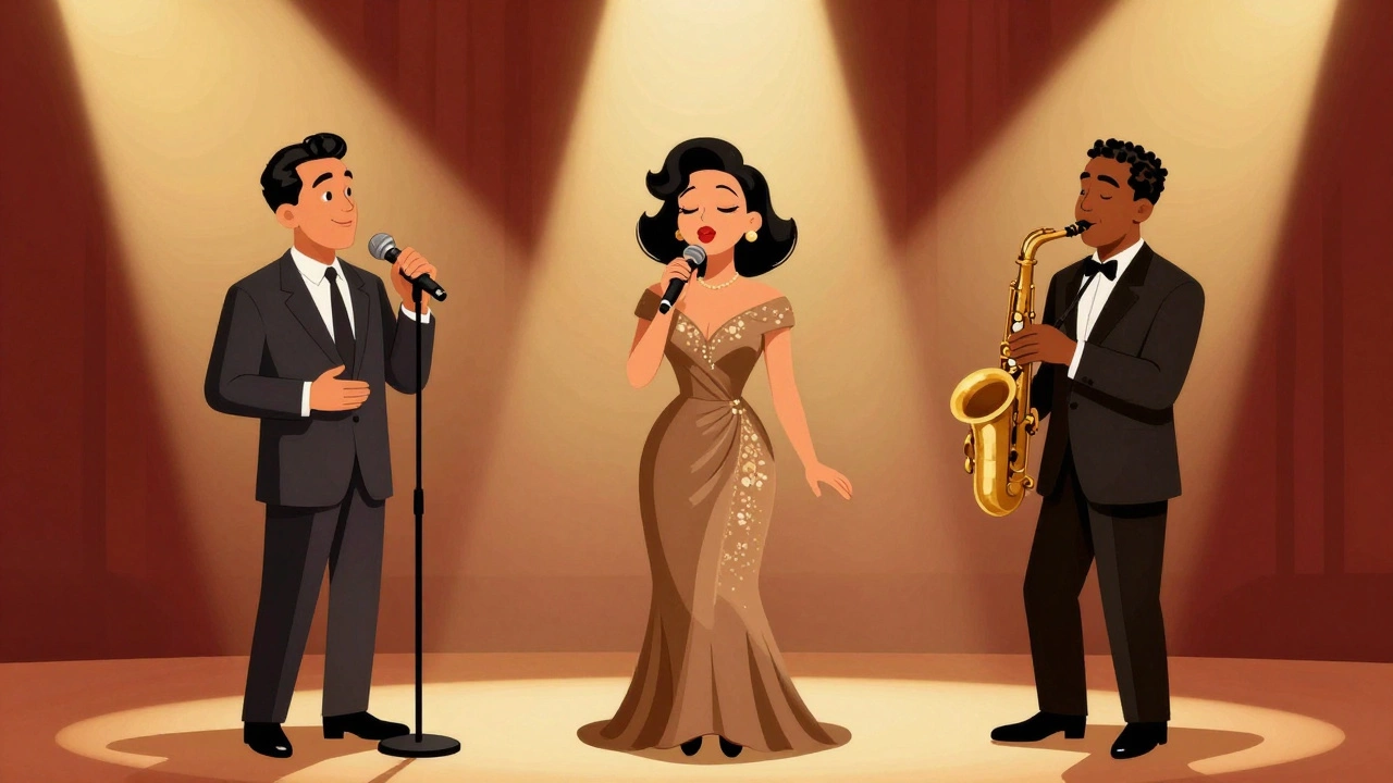 Cartoon illustration of three soul singers performing on stage