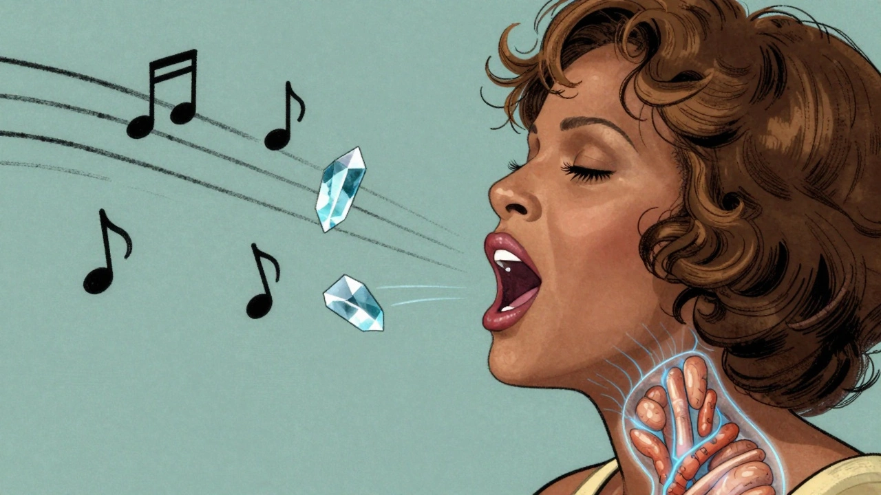Cartoon illustration showing Whitney Houston's diaphragm and vocal technique.