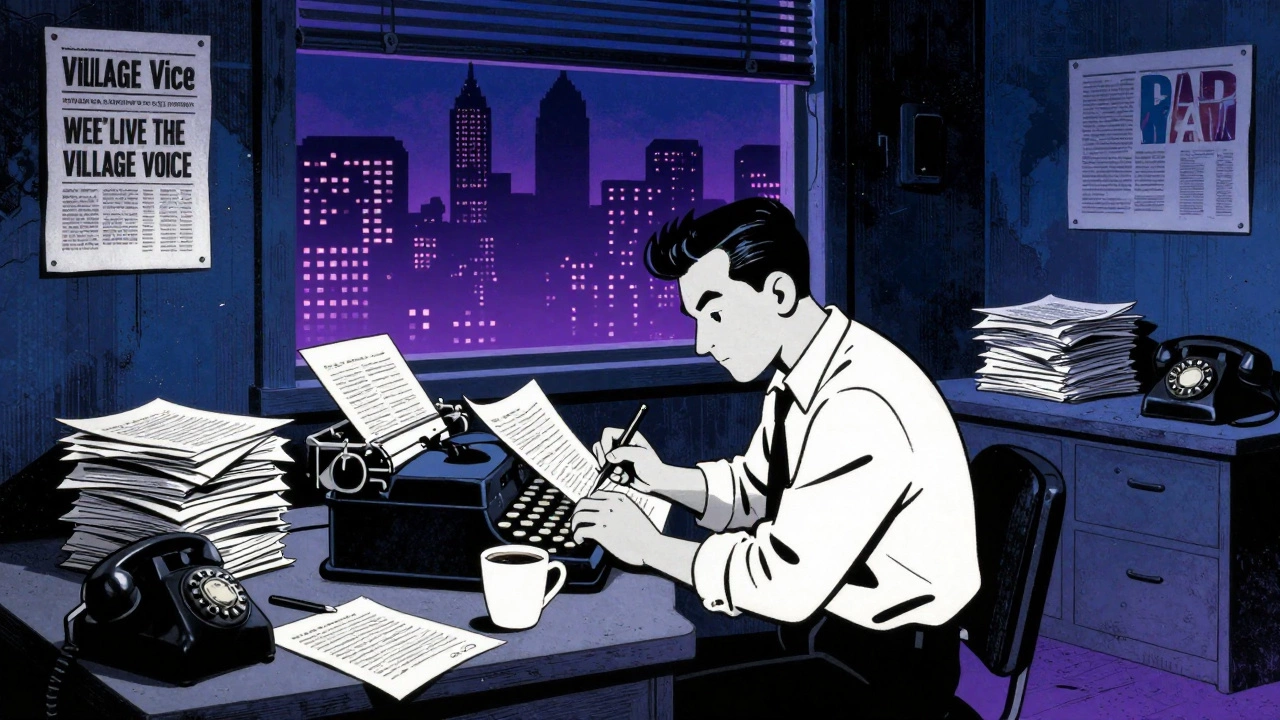 Cartoon journalist writing about rap in a 1980s NYC newsroom