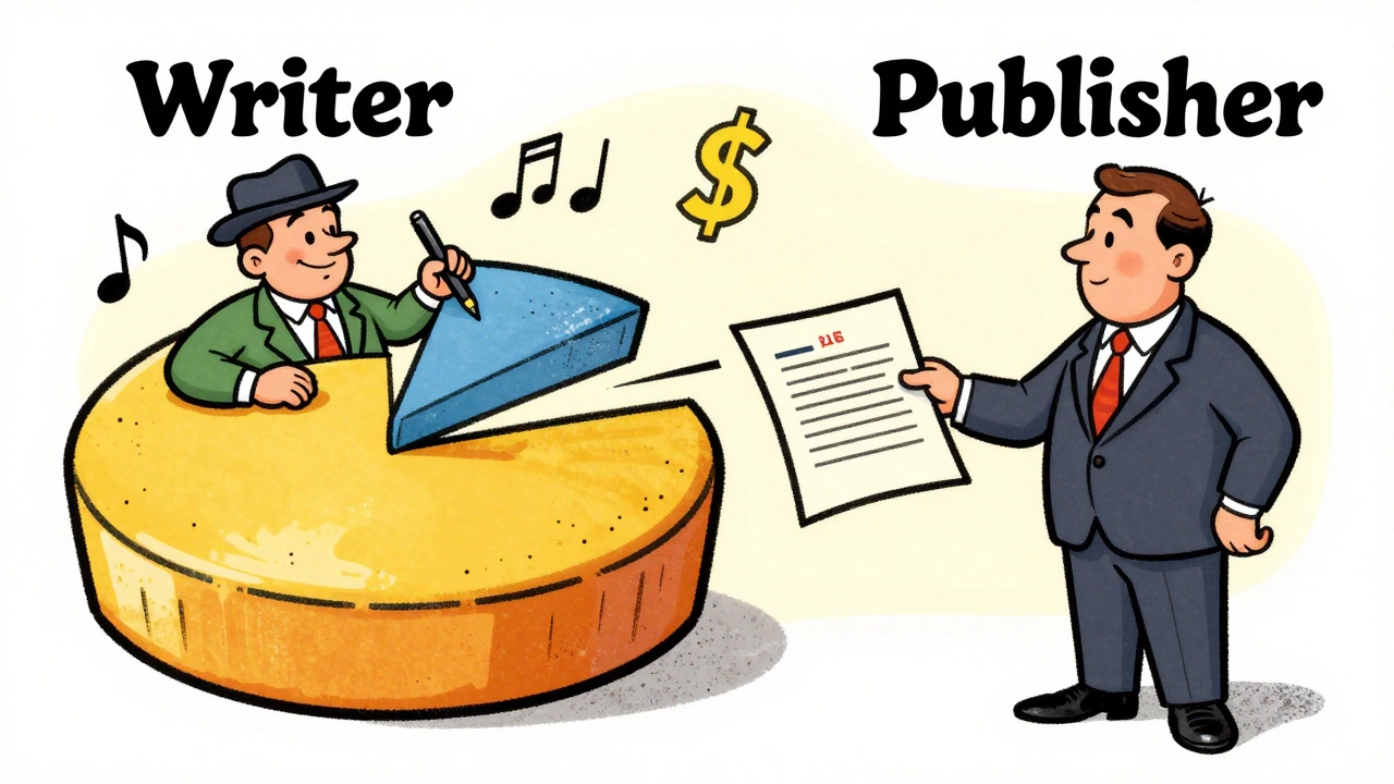Cartoon musicians and executives splitting a pie chart representing writer and publisher shares