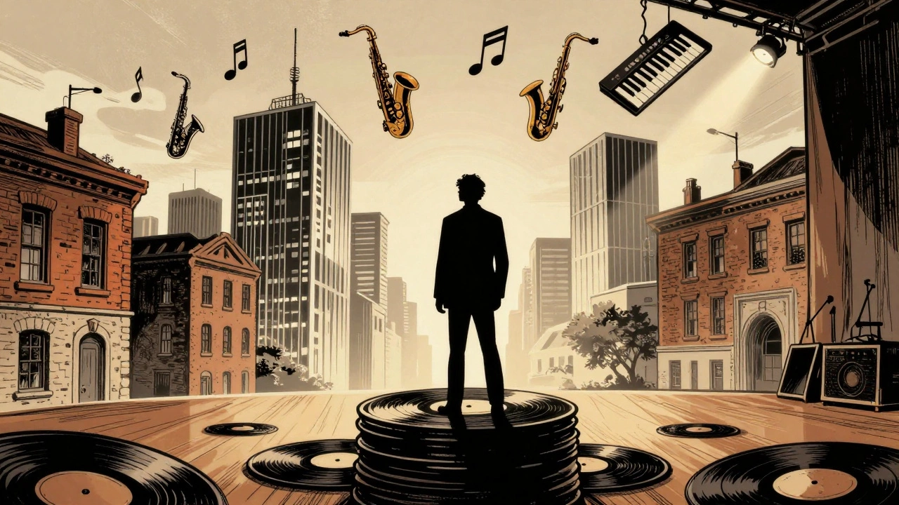 Cartoon of a musician standing on vinyl records overlooking a city