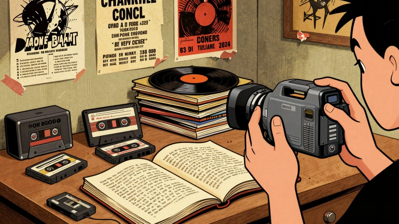 Cartoon of a punk fan's desk with zines, tapes, and books