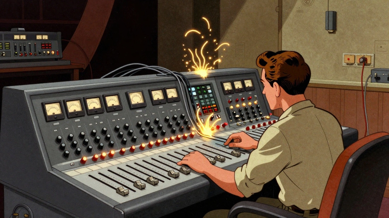 Cartoon of lighting designer using analog console in 80s control booth